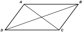 The corners of the parallelogram are not right angles. The diagonals are drawn. A is opposite C and B is opposite D.